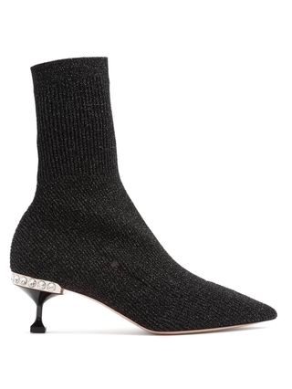 Miu Miu + Metallic Ribbed-Knit Sock Ankle Boots
