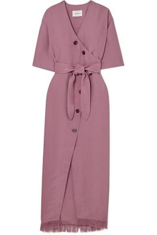 Nanushka + Belted Frayed Satin-Twill Midi Dress