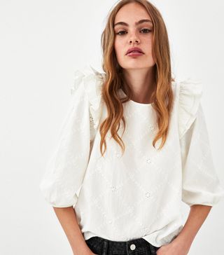 Zara + Embroidered Ruffled Top