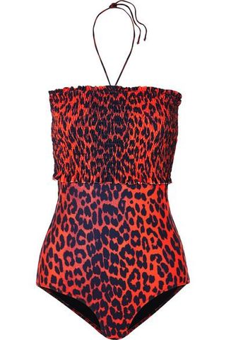 Ganni + Shirred Leopard-Print Halterneck Swimsuit