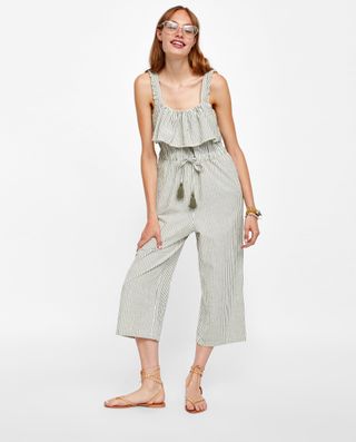 Zara + Striped Jumpsuit With Ruffles