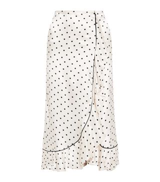 Ganni + Leclair Ruffled Polka-Dot Satin Midi Skirt