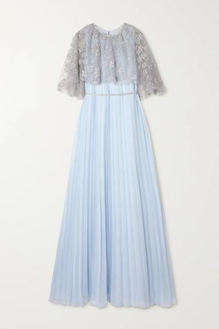 SELF-PORTRAIT + Layered Embellished Tulle and Pleated Crepe Maxi Dress