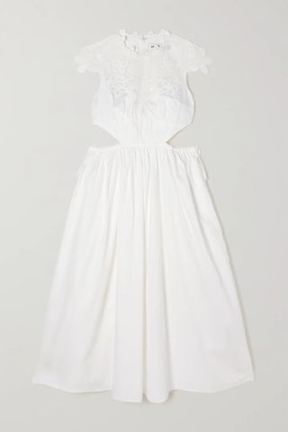 SELF-PORTRAIT + Cutout Guipure Lace-Trimmed Cotton-Poplin Midi Dress