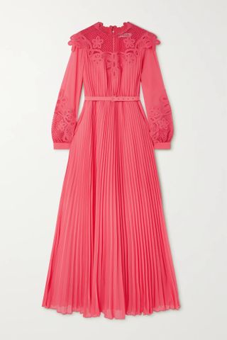 SELF-PORTRAIT + Belted Guipure Lace-Trimmed Pleated Gauze Maxi Dress