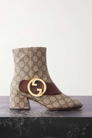 Gucci + Blondie Embellished Leather-Trimmed Coated-Canvas Ankle Boots