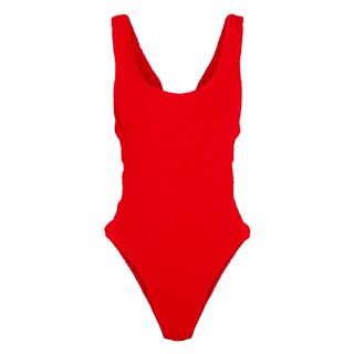 Hunza G + Greta Bow-Embellished Seersucker Swimsuit