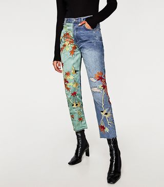 Zara + Embroidered High-Waist Jeans