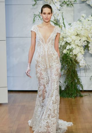 Monique Lhuillier + Arden Plunge Lace Sheath Gown