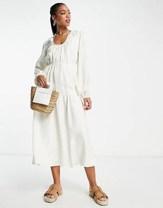 Topshop + Gathered Tiered Tie Midi Dress in Ecru