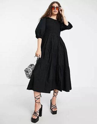 Topshop + Shirred Puff Sleeve Midi Dress