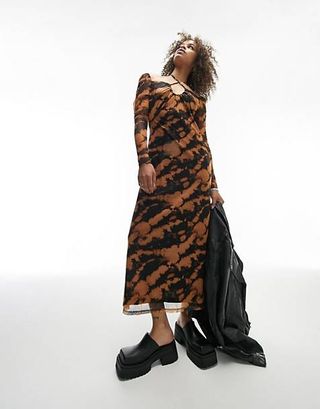 Topshop + Long Sleeve Mesh Midi Dress