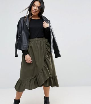 ASOS + Wrap Midi Skirt in Cotton With Ruffle Hem