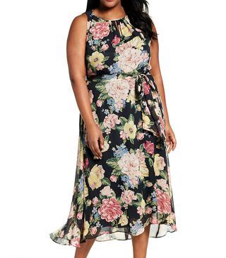 Tahari + Floral Cutaway Chiffon Maxi Dress