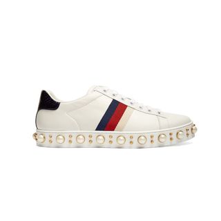Gucci + New Ace Faux-Pearl Embellished Leather Trainers