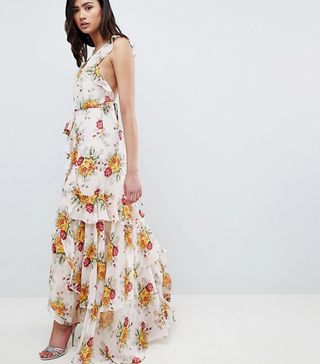 ASOS + Tall Ruffle Maxi Dress in Rose Floral Print