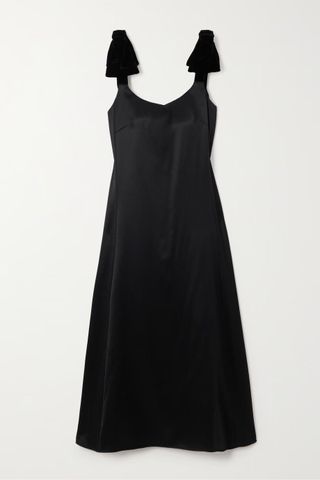 Chloé + Bow-Embellished Velvet-Trimmed Wool and Silk-Blend Satin Midi Dress