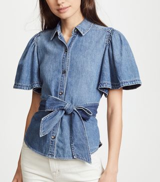 La Vie Rebecca Taylor + Short Sleeve Denim Top With Tie