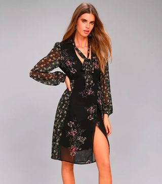 ASTR the Label + Tyra Black Floral Print Long Sleeve Wrap Dress