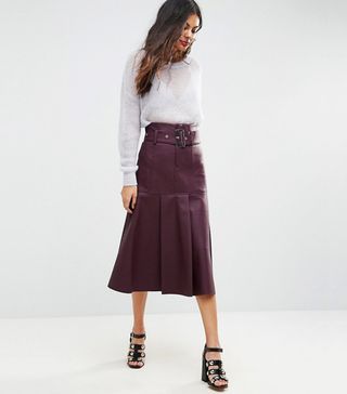 ASOS + Leather Look Midi Skirt with Belt