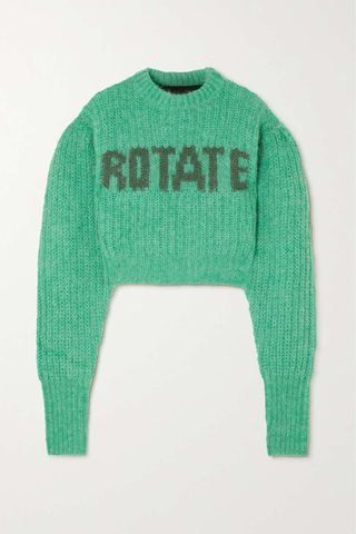 Rotate Birger Christensen + Adley Cropped Intarsia Wool-Blend Ribbed-Knit Sweater