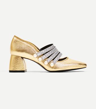Zara + Gold High-Heel Court Shoes With Ankle Strap