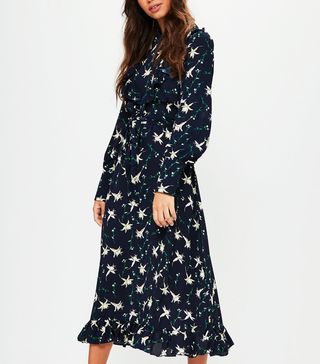 Missguided + Navy Floral Print Crepe Dress