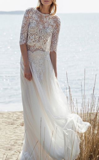 Costarellos + Illusion Beaded Lace Waist Tulle Skirt