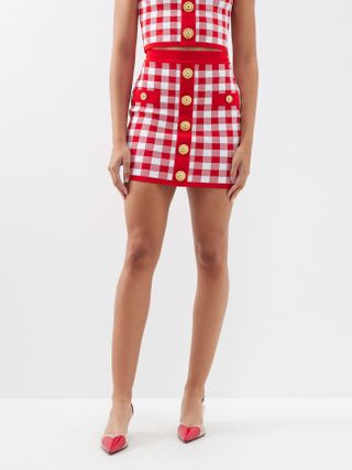 Balmain + Gingham-Knit Button-Embellished Mini Skirt