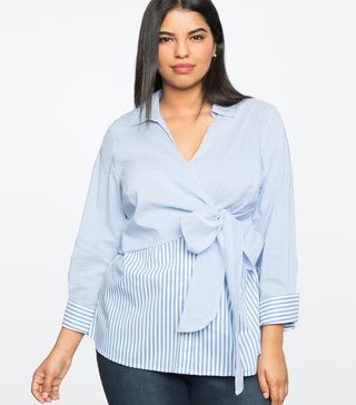 Eloquii + Wrap Front Stripe Button Down Top