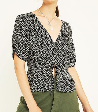 Urban Outfitters + Black Floral Tie Frill Tea Blouse