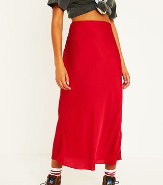 Urban Outfitters + Red Satin Bias-Cut Midi Skirt