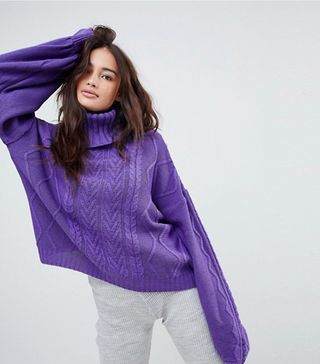 Rokoko + Oversized Cable Knit Roll Neck Sweater With Balloon Sleeves