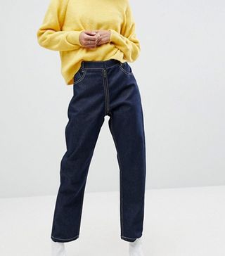 ASOS + High Waist Authentic Straight Leg Jeans With Back Zip Through Rise Detail in Raw Indigo