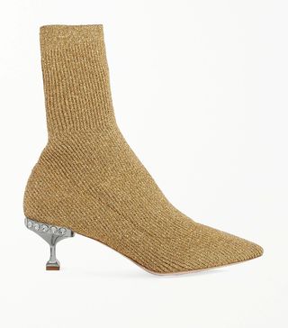 Miu Miu + Crystal-Embellished Metallic Ribbed-Knit Sock Boots