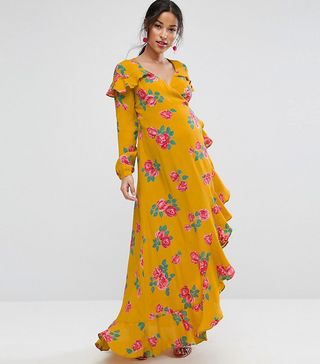 ASOS Maternity + Long Sleeve Wrap Maxi Tea Dress in Bold Floral