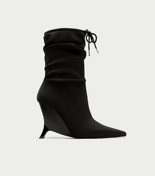 Zara + Pointed High Heel Ankle Boot With Gathered Detail