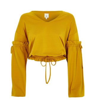 River Island + Dark Yellow Drawstring V Neck Top