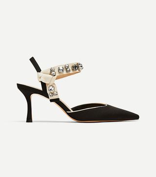 Zara + High Heel Slingback Shoes With Beaded Detail