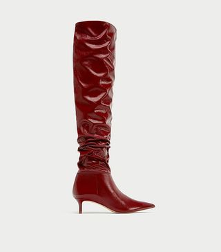 Zara + Gathered Leather Over-the-Knee High Heeled Boots