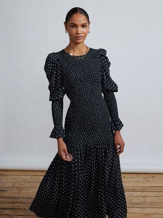 Kitri + Wren Black Polka Dot Shirred Dress