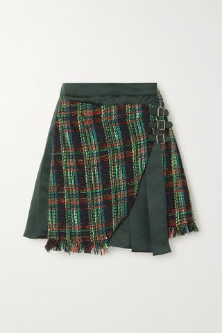 Andersson Bell + Ria Fringed Plaid Tweed and Pleated Satin Mini Skirt