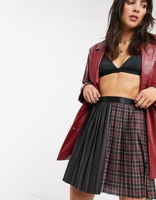 ASOS Design + Leather Look and Check Pleated Mini Skirt