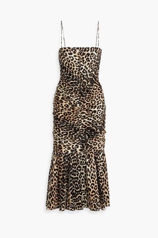Ganni + Ruched leopard-print silk-blend satin midi dress