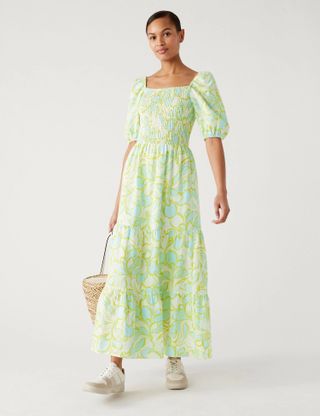 M&S Collection + Linen Rich Floral Square Neck Midi Dress