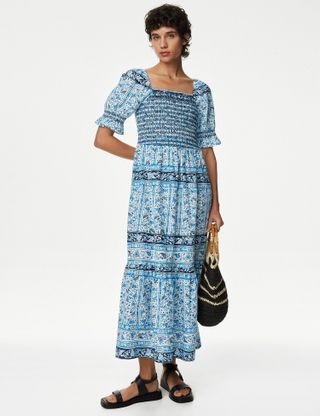 M&S Collection + Pure Cotton Printed Square Neck Midi Dress
