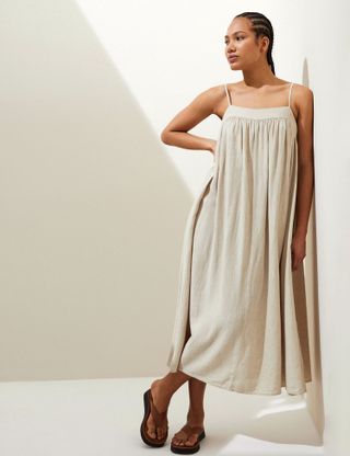 M&S Collection + Linen Rich Square Neck Midi Cami Dress