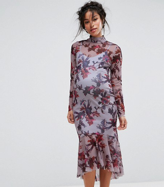 Hope and Ivy Maternity + Long Sleeve Floral Printed Mesh Dress With Peplum Hem