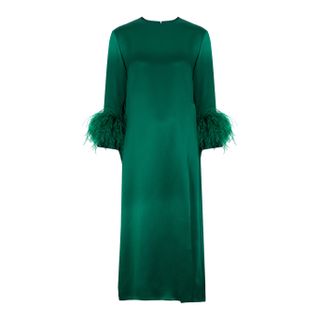 16 Arlington + Billie Emerald Feather-Trimmed Satin Midi Dress