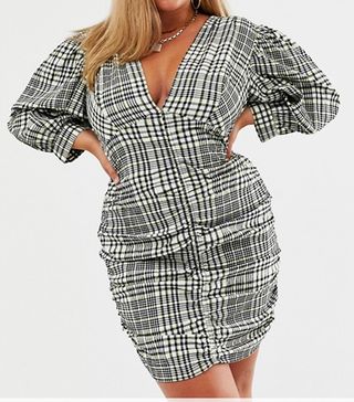 ASOS Curve + Design Ruched Mini Dress With Puff Sleeves in Check Print